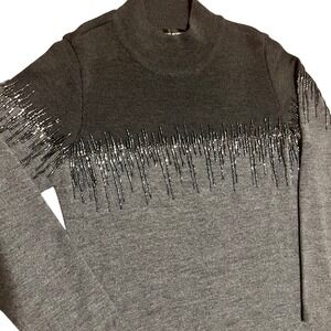 Colette Mordo‎ Grey Wool Blend Beaded  Mock Neck Long Sleeve Sweater Dress - S